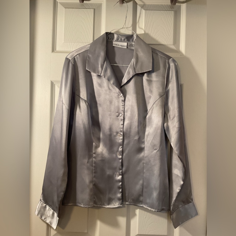 Silky satin feel long sleeve button shirt fitted top